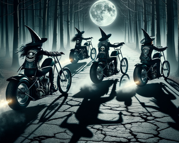 Witches on Motorcycles in a Dark Forest at Night