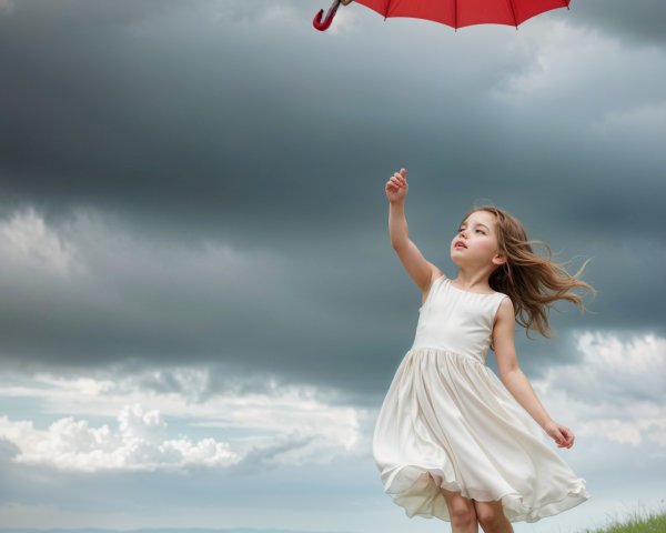 Young girl dances in white dress under dark clouds