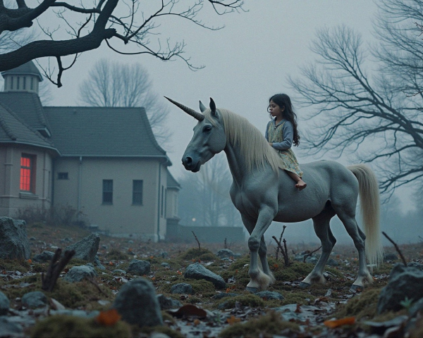 Young girl on unicorn in misty, mysterious landscape
