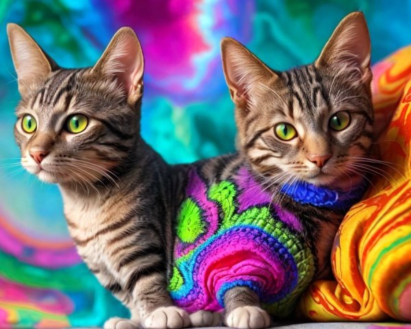 Playful Tabby Cats in Colorful Sweaters and Background
