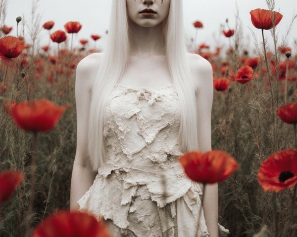 Young Woman in Poppy Field with Ethereal Atmosphere