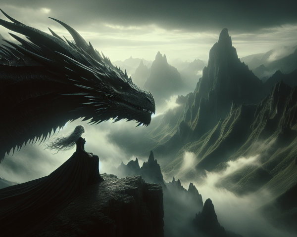 Majestic Dragon Overlooks Figure in Misty Landscape