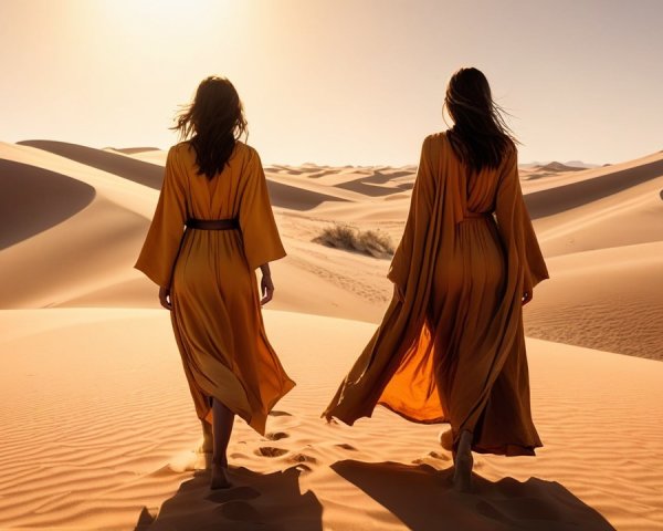 Figures in Golden Robes in Serene Desert Landscape