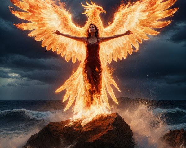 Phoenix Figure Amidst Stormy Shoreline and Flames