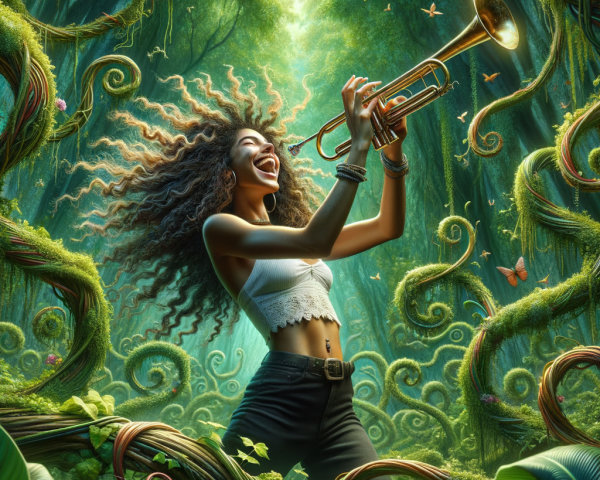 Woman Playing Trumpet in a Lush Jungle Setting
