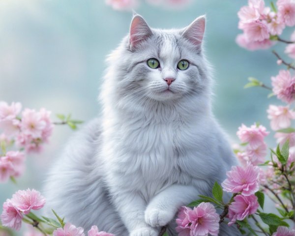 Fluffy Silver Cat Surrounded by Pink Blossoms