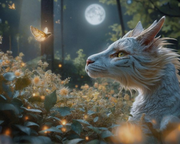 Mythical feline in moonlit forest with flowers and butterfly