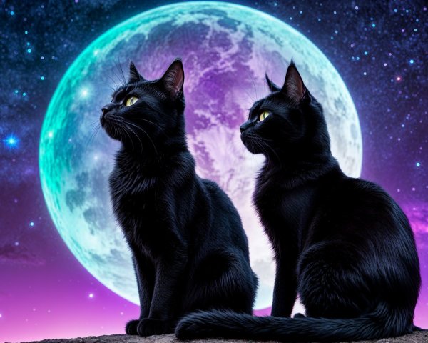 Black Cats Under a Full Moon in Starry Sky