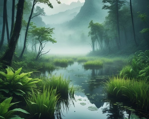 Misty River in Lush Forest with Towering Mountains
