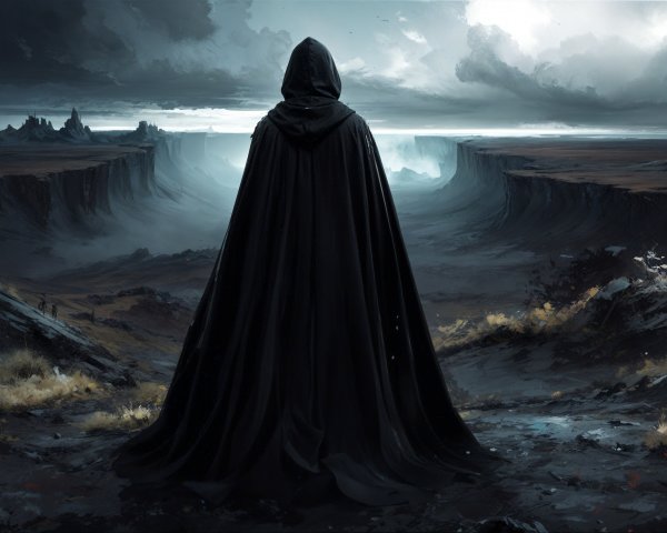 Cloaked Figure Overlooks Dramatic Canyon Landscape
