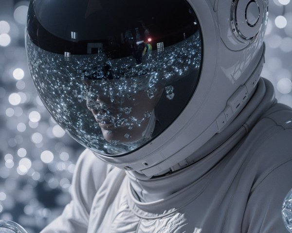 Astronaut in White Suit Surrounded by Shimmering Orbs