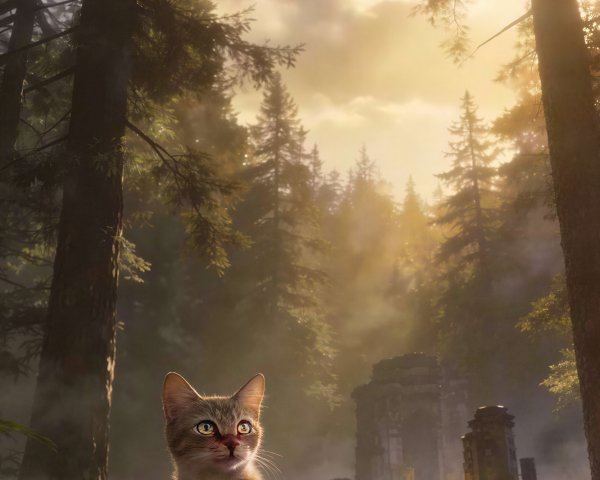 Tabby Cat in Forest with Sunlight and Fog