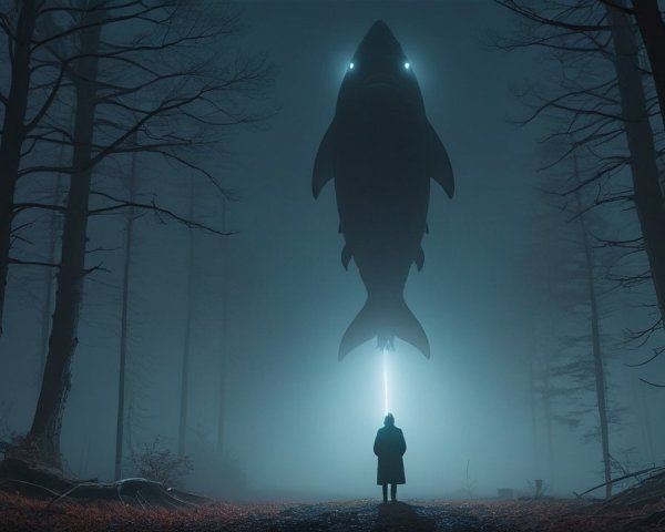 Silhouetted Figure in Misty Forest with Giant Fish