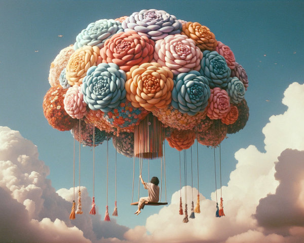 Whimsical Cloud Scene with Oversized Flowers and Swing