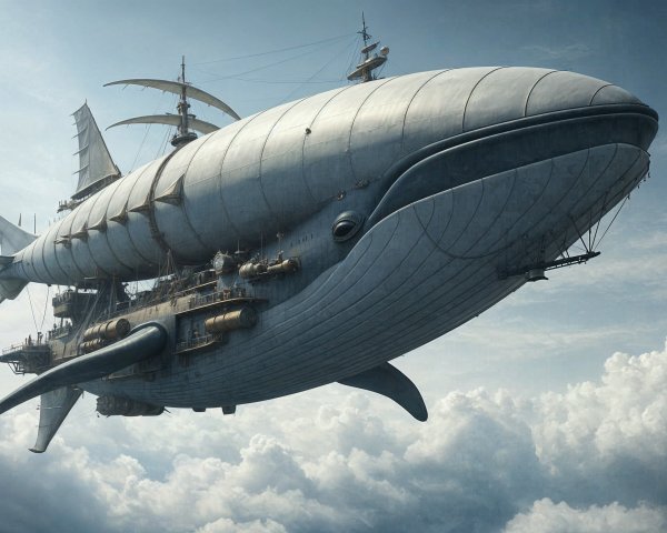Whale-shaped airship floating among fluffy clouds