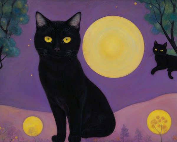 Black Cats on Purple Background with Full Moon