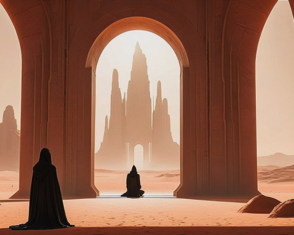 Cloaked Figures Under Archway in Desert Landscape