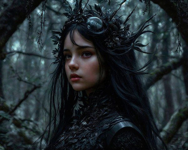 Young woman in dark forest with ethereal presence