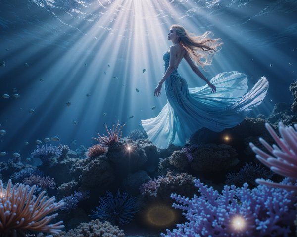 Underwater Scene with Figure in Blue Gown and Coral