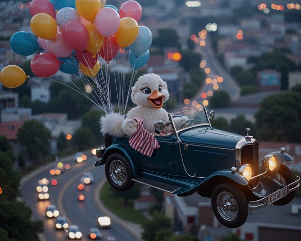 Cheerful Duck in Costume Drives Vintage Car with Balloons