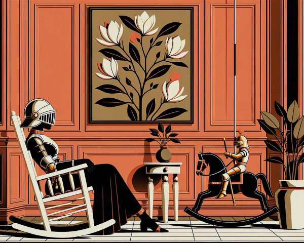Elegant Room with Armored Figure and Floral Art