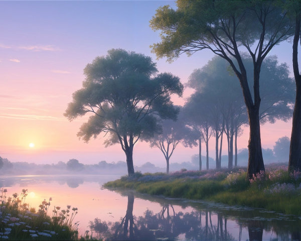Serene Dawn Landscape with River and Lush Greenery