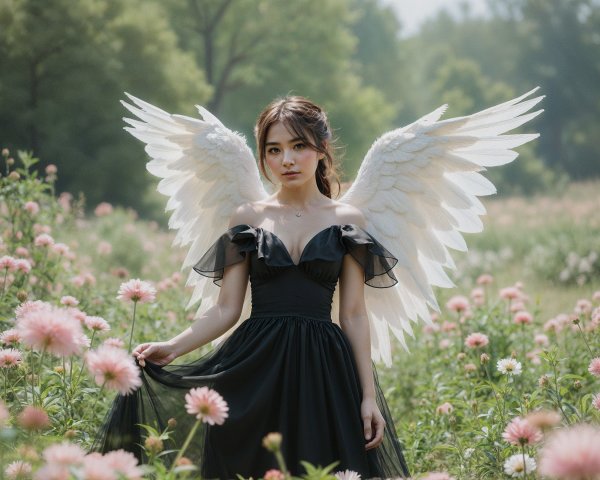 Young Woman in Black Gown with White Wings in Field