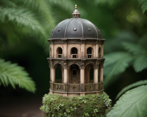 Intricate Miniature Pavilion with Domed Roof and Foliage