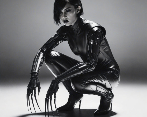 Futuristic figure in glossy black suit with robotic arms