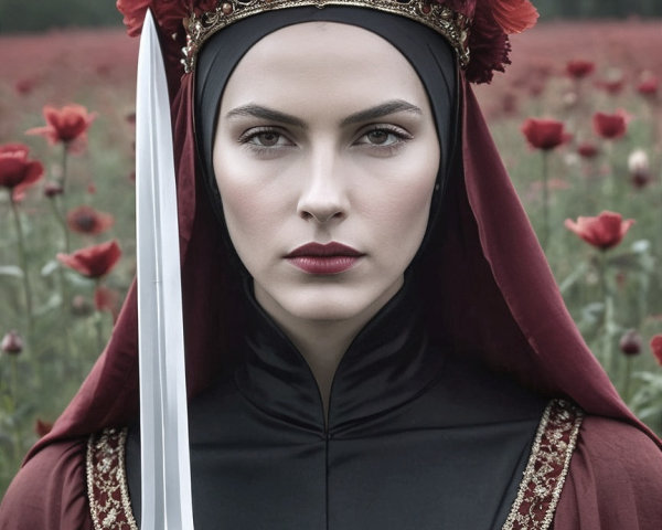 Woman in Dark Red Gown in Poppy Field with Sword