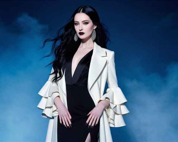 Model in Black Gown with Dramatic Blue Backdrop