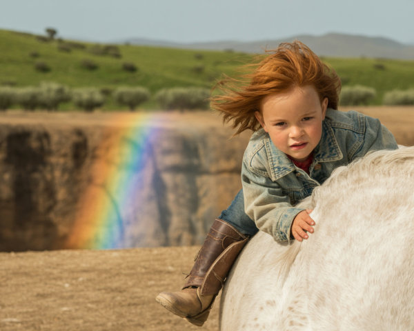 Child on White Horse in Scenic Landscape with Rainbow