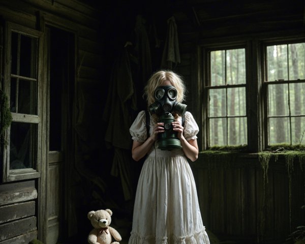 Eerie Scene of Girl in White Dress with Gas Mask