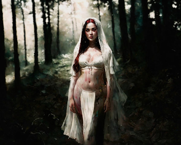 Mysterious Figure in a Dimly Lit Forest Setting