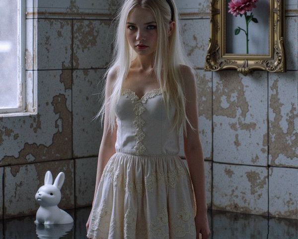 Young woman in frilly dress with bunny ears in water