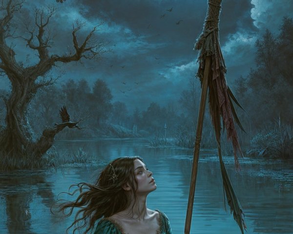 Moonlit Lake Scene with Young Woman in Emerald Gown