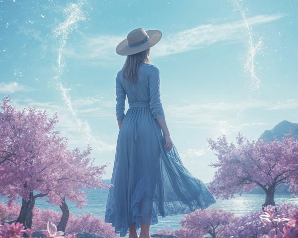 Woman in Blue Dress Amid Cherry Blossoms and Lake