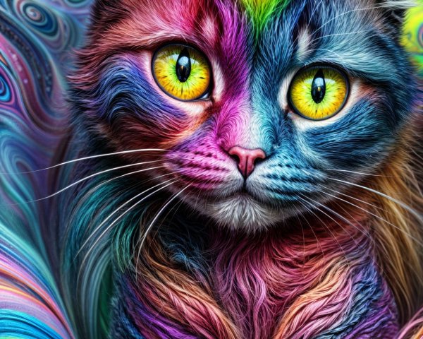 Colorful Cat Surrounded by Psychedelic Background