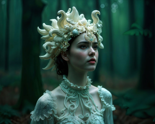 Young Woman in Ethereal Gown in Misty Forest