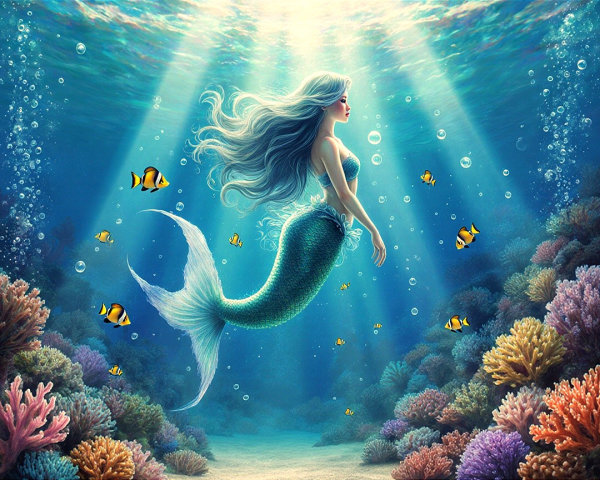 Underwater Scene Featuring a Graceful Mermaid