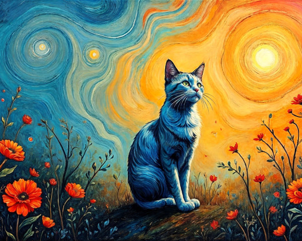 Blue Cat Surrounded by Orange Flowers and Sunlight