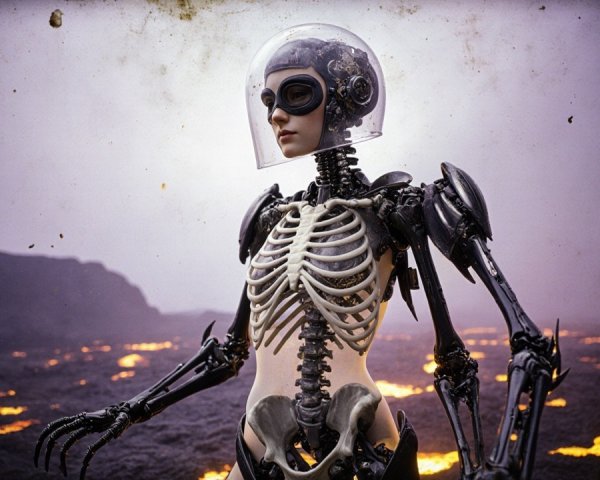 Futuristic Robot in Volcanic Landscape with Lava