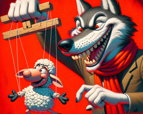 Wolf Manipulating Sheep Puppet in Tension-Filled Scene