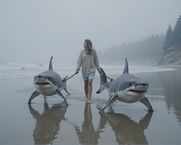 Young woman with inflatable sharks on foggy beach