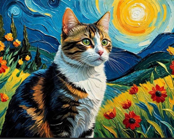 Stylized Cat with Colorful Starry Sky and Hills