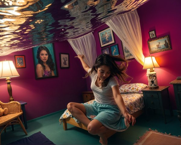 Whimsical Bedroom Scene with Dreamlike Elements