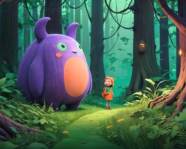 Curious Child and Friendly Creature in Enchanted Forest