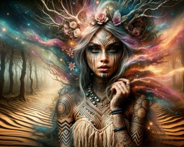 Mystical Woman in Surreal Landscape with Tattoos