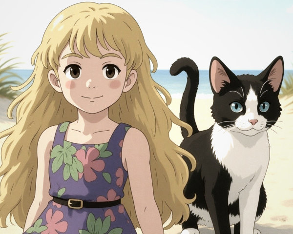 Young girl in floral dress on sandy beach with cat