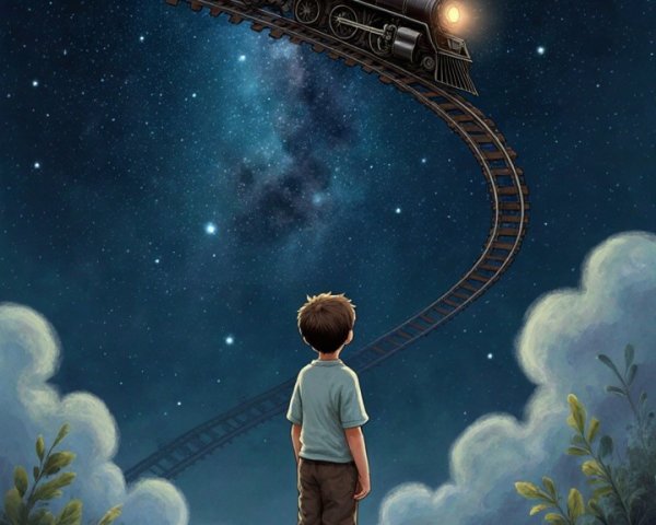Young boy gazes at vintage steam train under stars